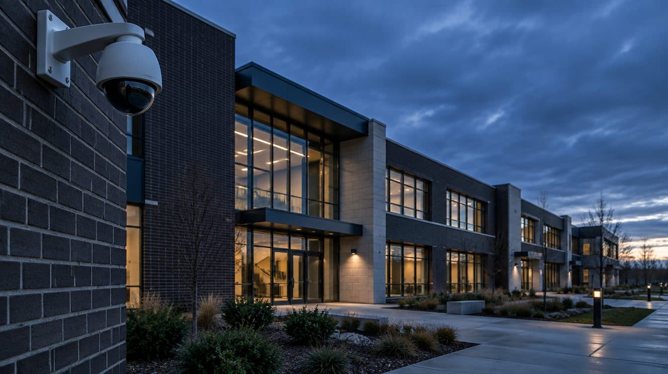 Dome security camera mounted on the facade of a modern institutional building at dusk